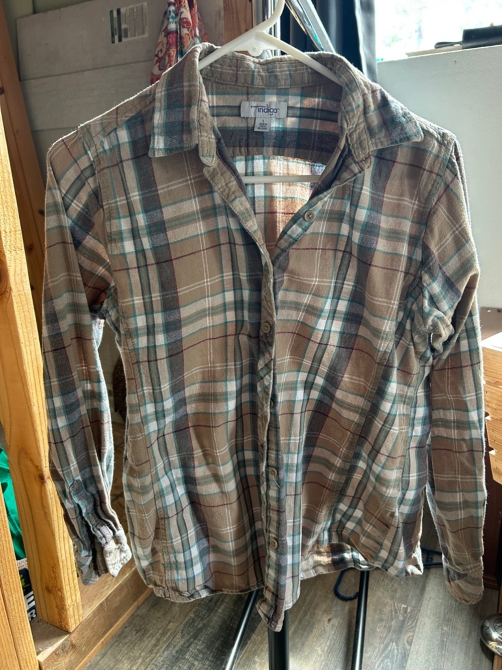 Indigo Women’s Plaid Button-Down Shirt in Brown and Cream with Blue Accents